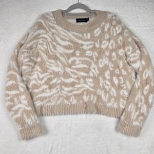 MINKPINK Women's Tan and White Fuzzy Sweater Size Medium Pullover Long‎ Sleeve